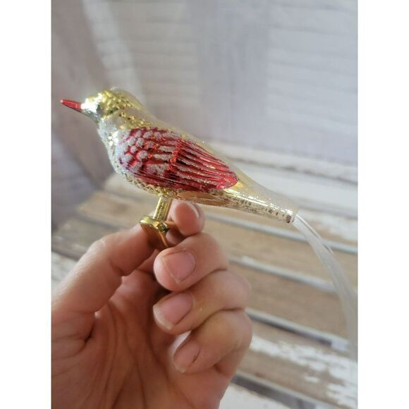 Red Gold bird clip-on glass frosted glitter Xmas tree - Picture 5 of 7